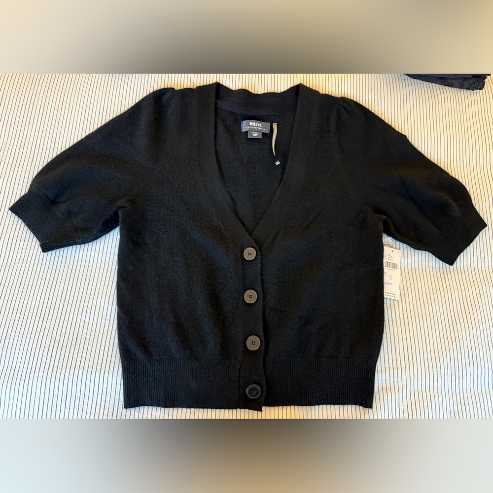 NWT Maeve Black Cashmere Short-Sleeve V-Neck Cardigan